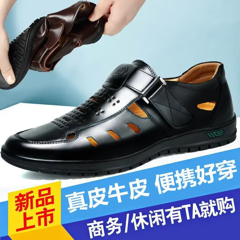 Sandales Homme en Cuir Véritable Chaussures Décontractées Respirantes d'Été pour Homme Sabots à Enfiler Extérieur Antidérapantes Faites à la Main Sandales