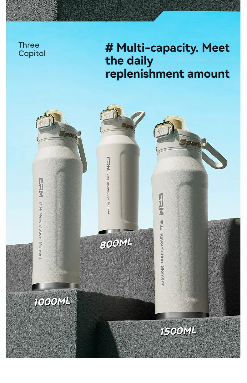 Bouteille d'eau isotherme chaude et froide en acier inoxydable, double paroi portable avec poignée, tasse de sport d'extérieur