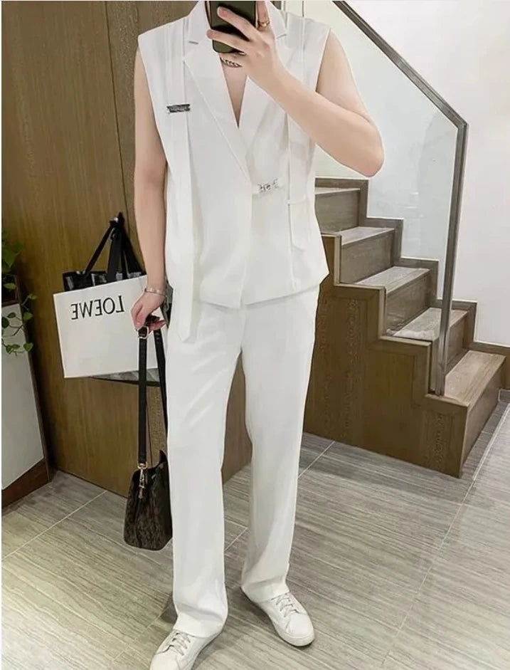 Hose Weste 2-teiliges lockeres Anzugset Büro Business Casual Schwarz Schön Geteilte Träger Herren Oberbekleidung Koreanische Kleidung Metallknopf
