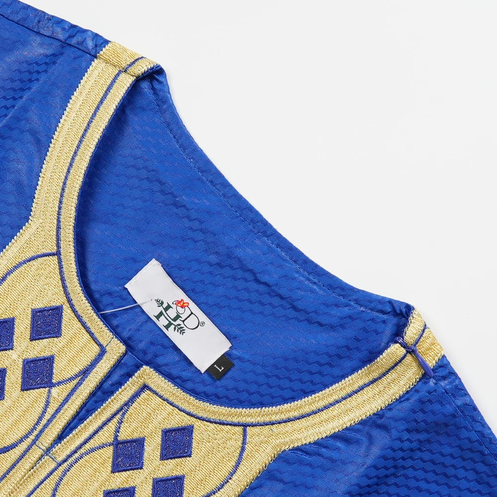 H&D Nouveaux Vêtements Africains pour Hommes Tradition Vêtements Broderie Bleu Ensemble 2 Pièces Haut Pantalon Bazin Musulman Mariage Fête Dashiki
