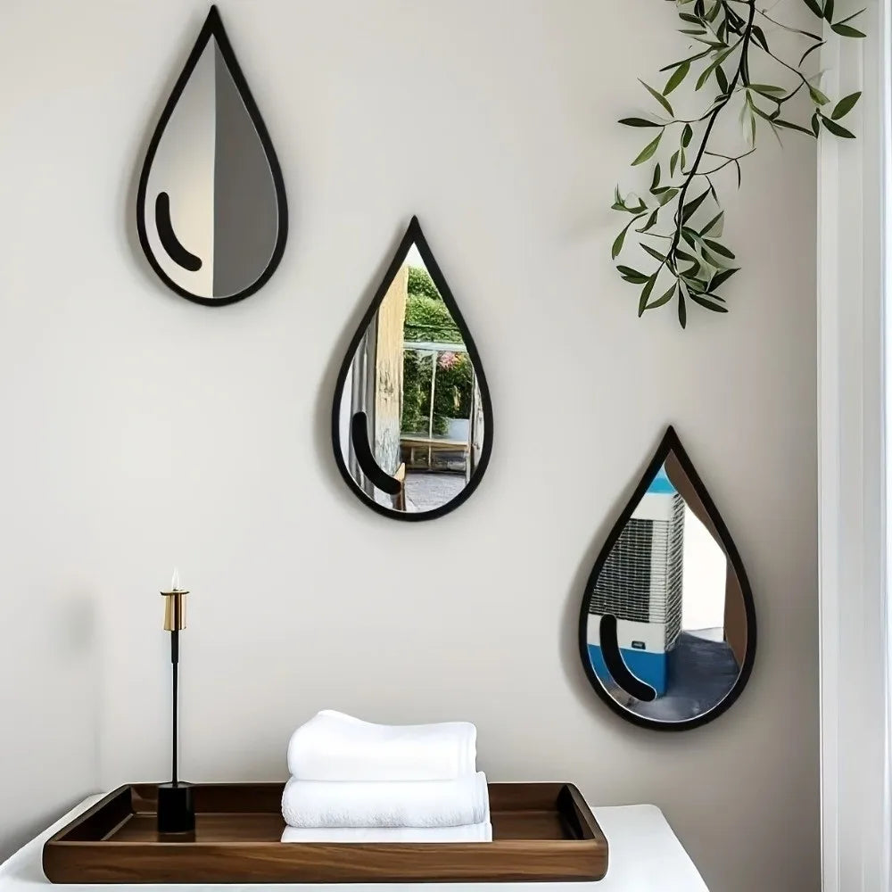 3 Pcs Autocollants Muraux Miroir Acrylique Autocollants Muraux Imperméables en Forme de Goutte d'Eau Miroir Cadre Noir Minimaliste
