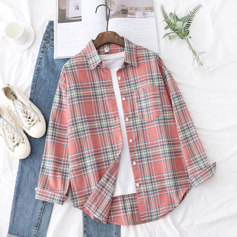 Women's Plaid Shirt 2025 New Ladies Loose Casual Blouse and Tops Fresh College Style Female Long Sleeve Shirts Women Clothes