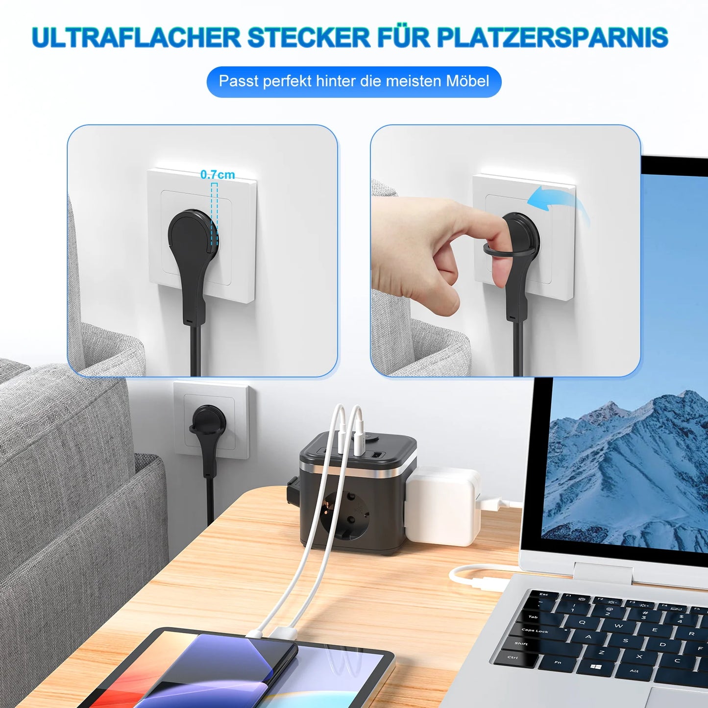 7-in-1 EU Multi-function Power board Ultra-thin flat plug with 3 AC power outlets 2 USB-C and 2 USB-A 2-meter extension cords