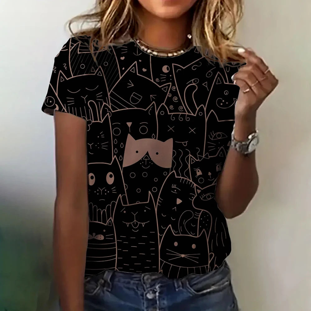 T-shirt Femme Impression 3D Chat Vêtements Été Col Rond Mode Manches Courtes Élégant Décontracté Haut Ample T-shirt Vêtements Femme