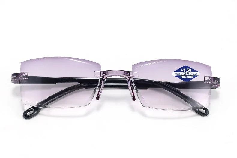 Lunettes de lecture anti-lumière bleue pour femmes, monture sans bords à découpe diamantée, pour hommes, anti-fatigue, hypermétropie, presbytie +1,5
