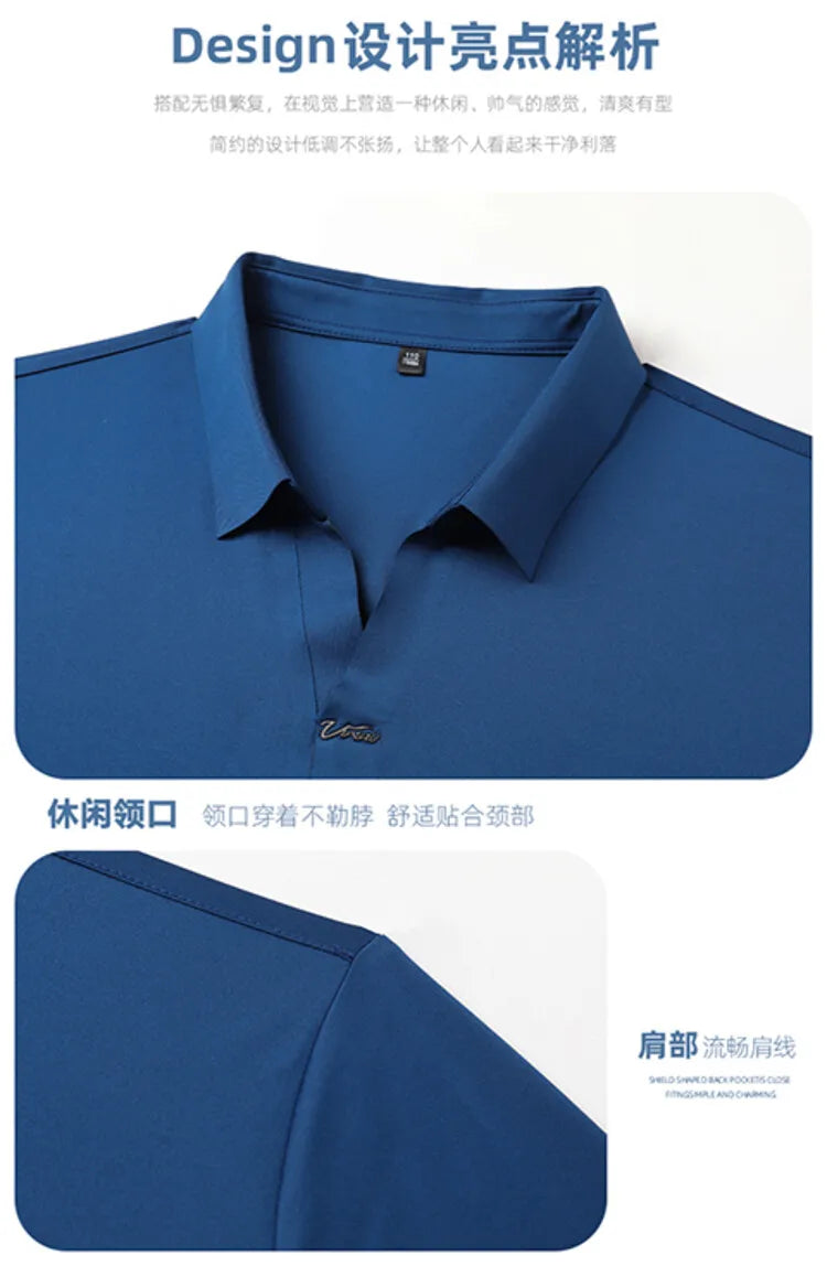 Polo 2024 de haute qualité, extensible et élastique, Chemise à manches courtes pour hommes, style décontracté, Col en V sans coutures, Polo pour hommes M-4XL