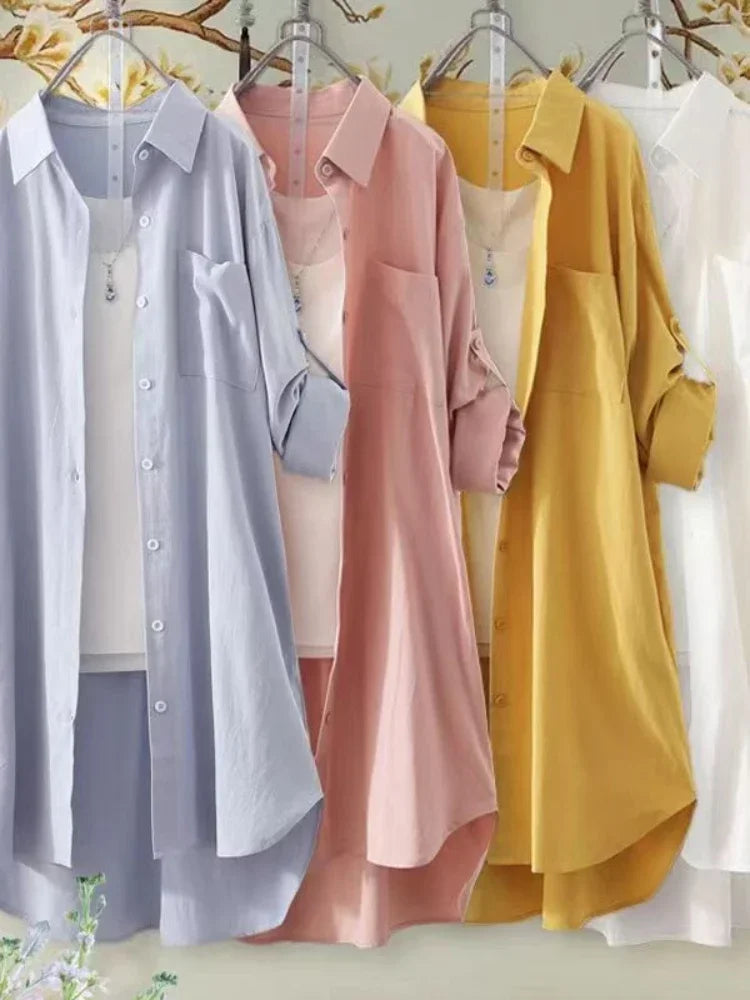 Chemisier ample grande taille respirant Chemise mi-longue coréenne décontractée Chemises d'automne Femme Chemises unies simples à manches longues
