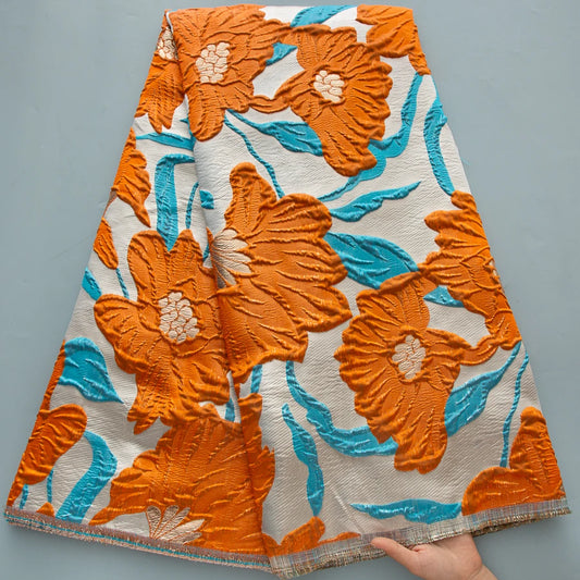 Vibrant Orange Floral African Jacquard Lace Fabric - White Base with Blue Accents For Fashion & Crafting