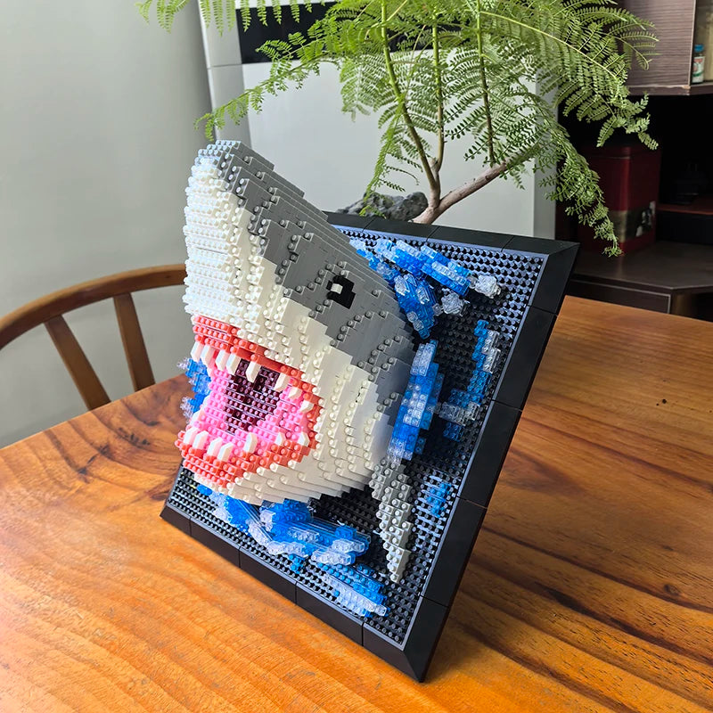 Blocs de construction 3D Tête de monstre de requin Murale Blocs de construction muraux DIY Pendentif animal Décoration murale Sculpture à suspendre Décoration d'intérieur Jouets Cadeau