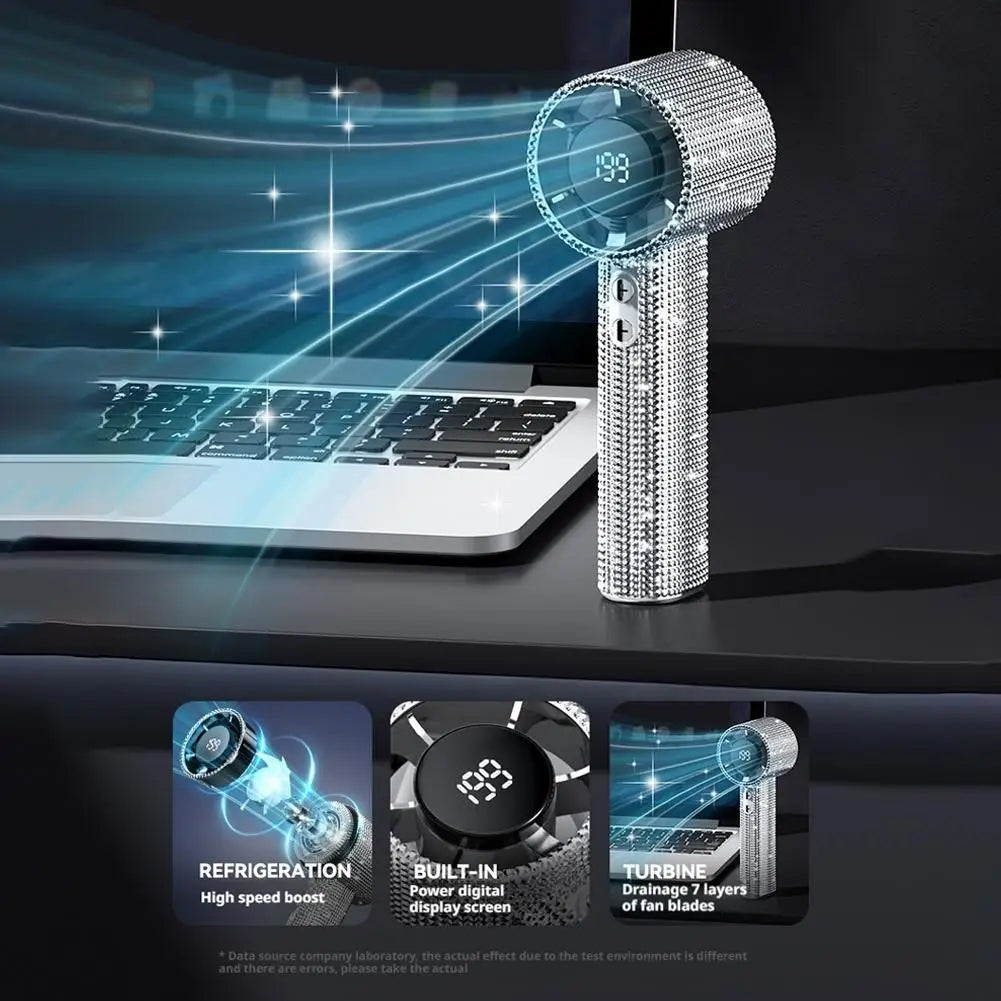 1 Stück Luxus Diamant Handheld Mini-Ventilator 199-Gang einstellbar Tragbarer Handheld Turbo-Ventilator Outdoor Digitalanzeige Elektrischer Ventilator
