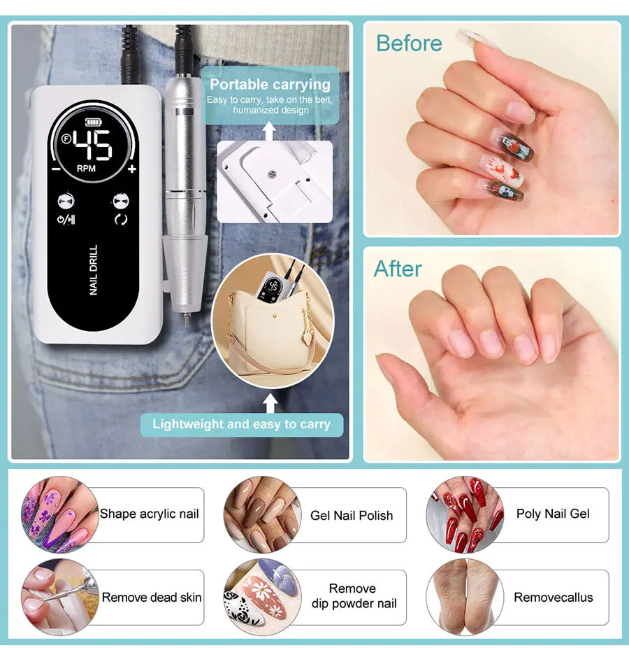 Professionelle 45000 U/min Elektrische Tragbare Nagelfräse Wiederaufladbare Geräuscharme Nagelfeile für Maniküre-Salon-Werkzeug