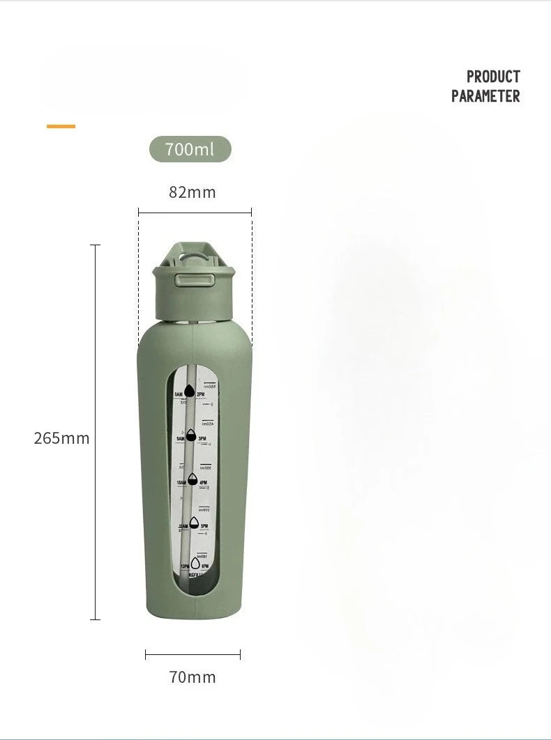 700Ml Handheld Cover Portable Sports Kettle Large Capacity Straw Cup with Graduated Silicone Cover Single-layer Glass Bottle