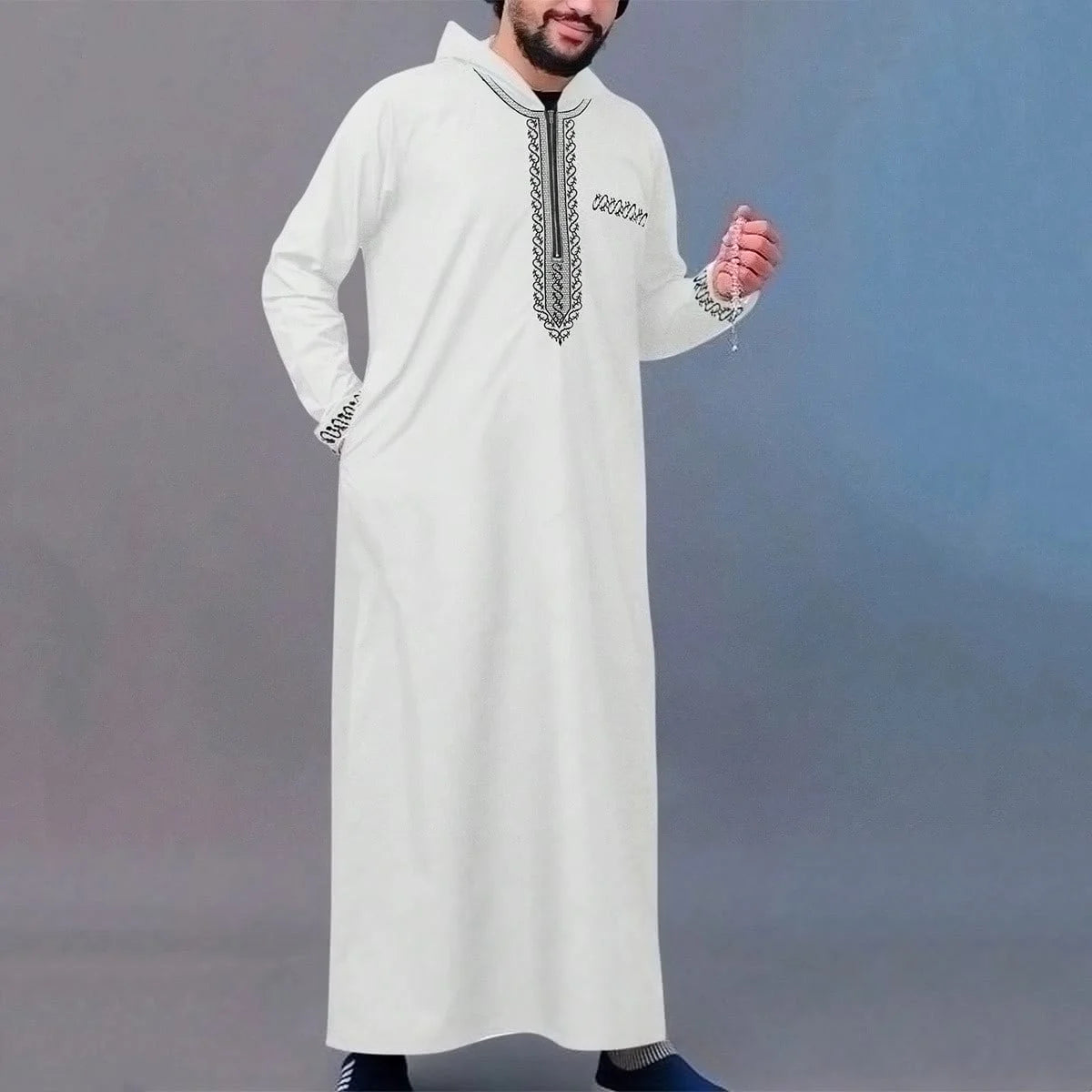 Robe à capuche marocaine Luxe homme brodé manche longue poche Vêtement musulman Abaya Moyen-Orient Djellaba Qamis