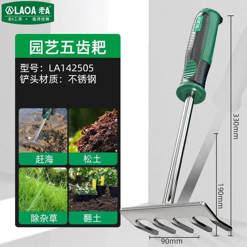 LAOA Multi-Function Garden Tools Collection, Planting Shovel, Soil Rake, Weeding Fork, All-in-One Garden Care Set