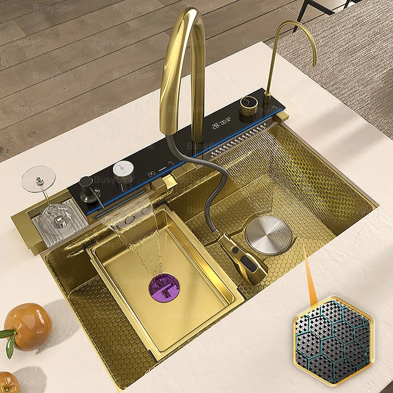 Goldfarbene Edelstahl-Küchenspüle mit Wasserfallauslauf, großes Einzelbecken, Digitalanzeige, Spül- und Gemüsebecken