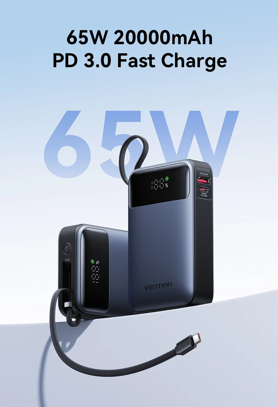 Vention 65W Power Bank 20000mAh Built-in USB-C Cable Portable Powerbank for Laptop PD Fast Charger for iPhone 17 Samsung S25 S24