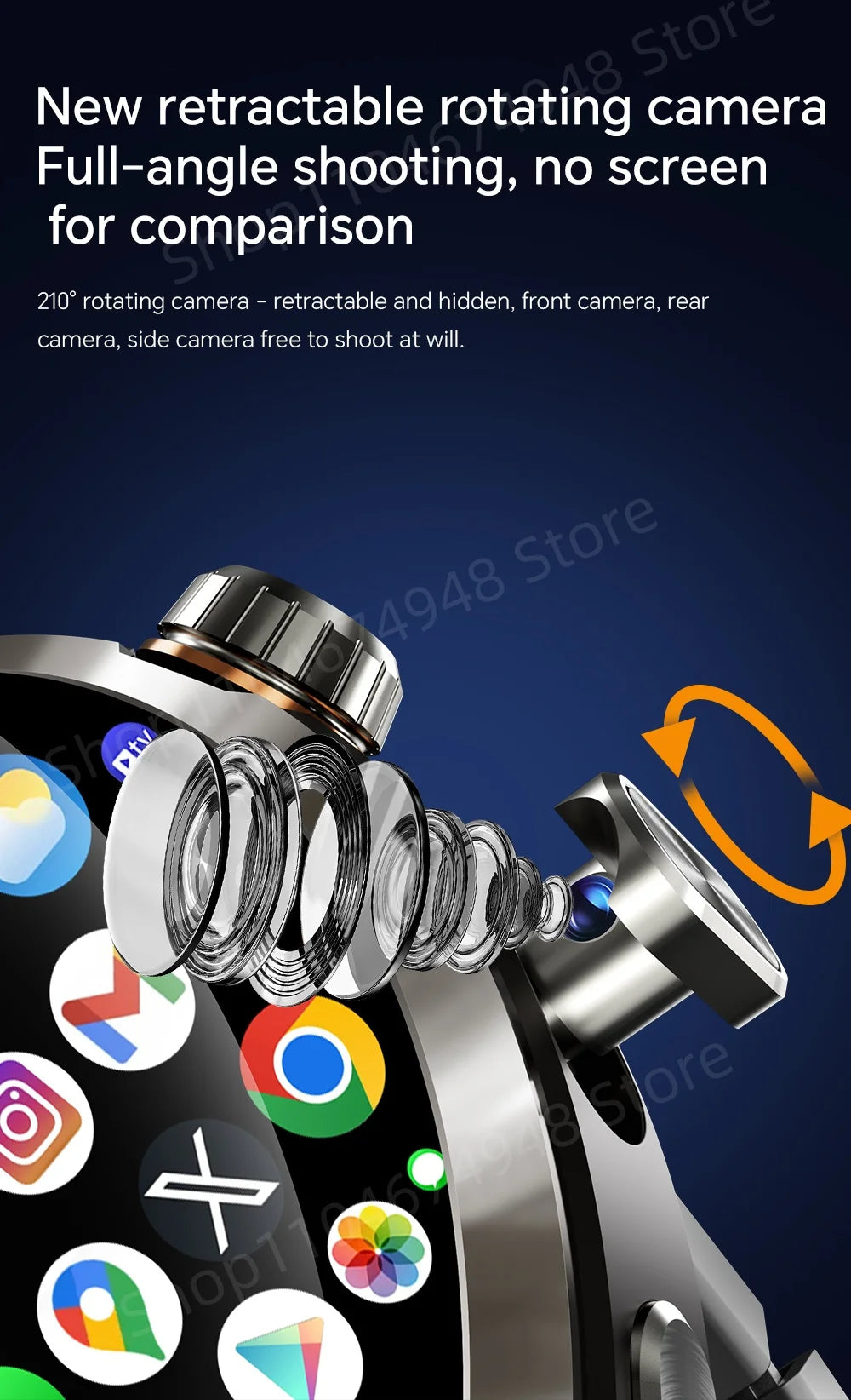 Montre intelligente 4G/5G Full Netcom 1,98 pouces Amoled avec caméra rotative à 210°, Android 13.0, double système GPS, batterie 1900 mAh