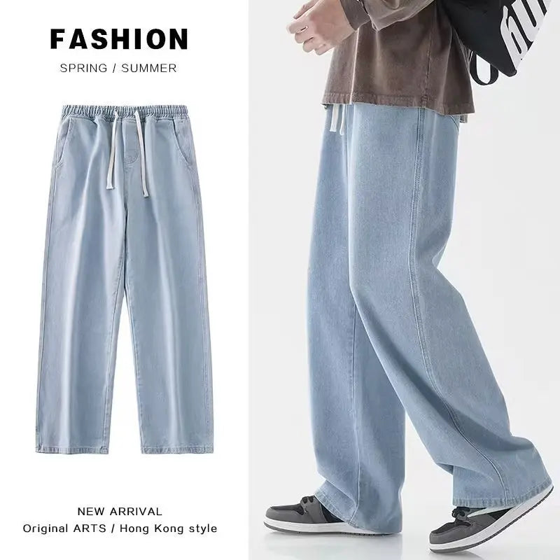Jeans amples coréens pour hommes, taille élastique, couleur unie classique, jean à coupe droite, pantalon large pour hommes, bleu clair, gris, noir