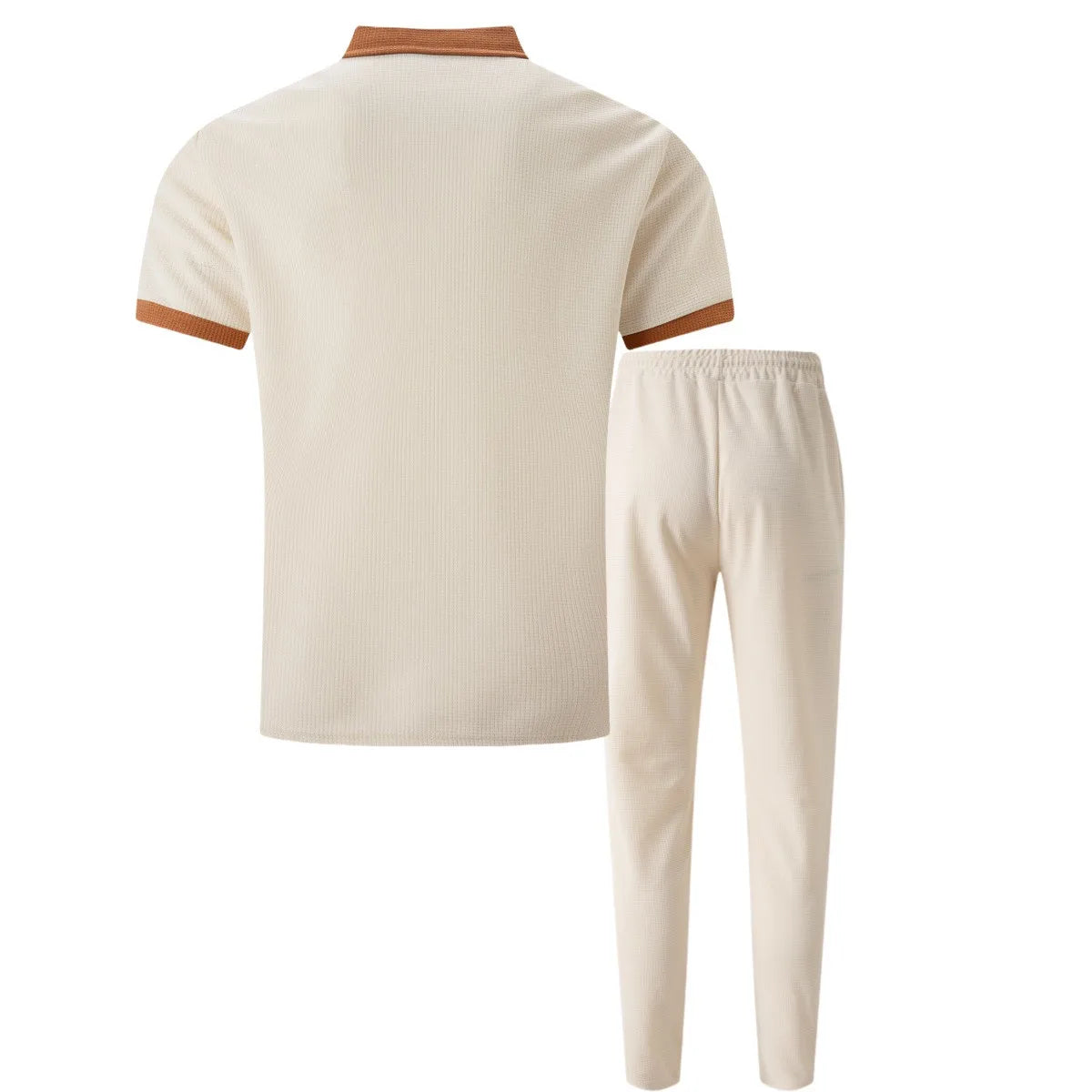 Ensemble deux pièces gaufré pour homme : polo contrasté avec poche poitrine et pantalon long à cordon de serrage, tenues décontractées pour la vie quotidienne.