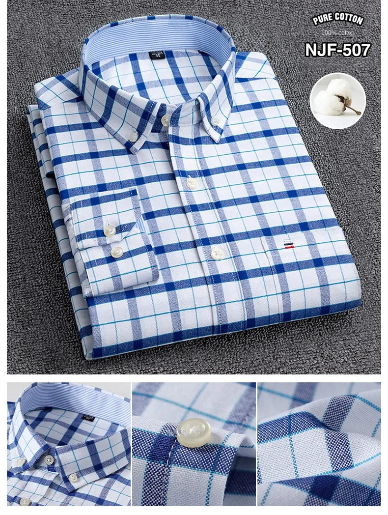 100-220 catties Plus Size Men's Shirt 100% Cotton Long Sleeve Business Casual All Oxford Spinning Plus Size Plaid Shirt