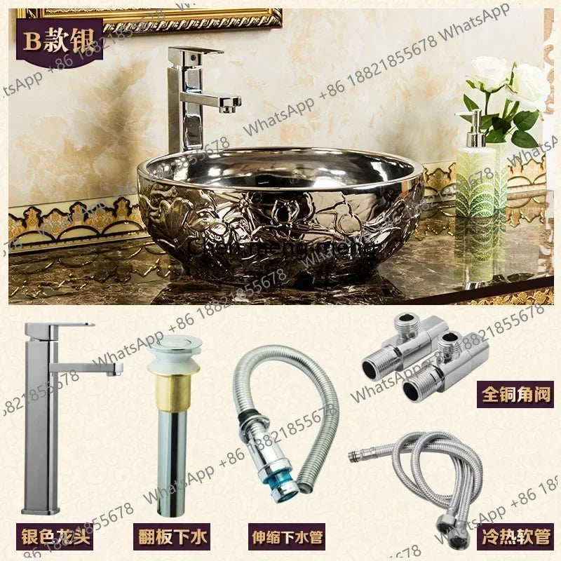 A17 Éviers de Salle de Bain de Luxe Dorés Céramique Maison Lavabo Créatif Toilettes Rondes Au-dessus du Comptoir Simple Salle de Bain Accesoire