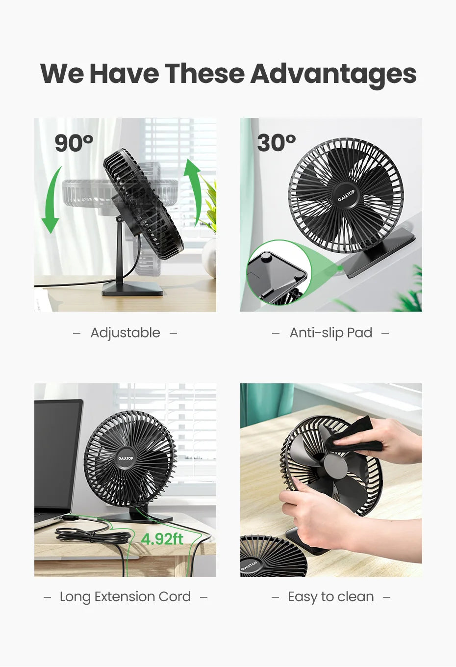 GAIATOP Schreibtischventilator Tragbarer USB Ventilator 90° Verstellbarer Kühlventilator Leise 3-Stufen-Einstellung Ultra Leise Geeignet für Zuhause, Schreibtisch, Büro