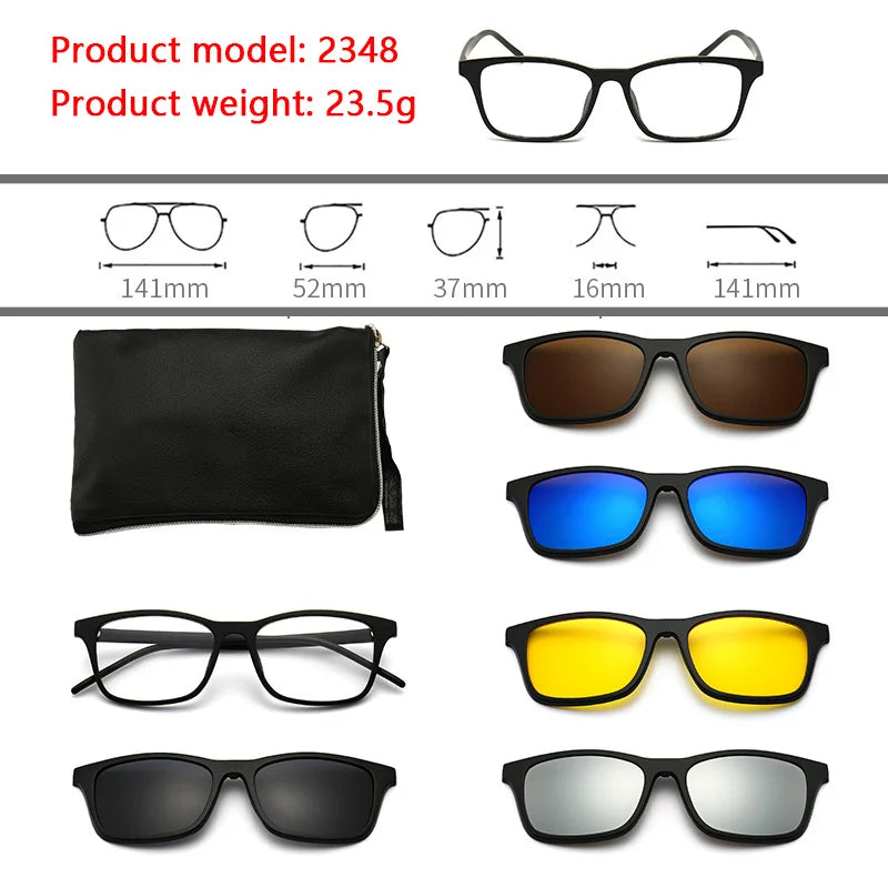 6 In 1 Polarized Sunglasses Men Women Magnetic Clip On Glasses TR90 Optical Prescription Eyeglass Frames Magnet Clips