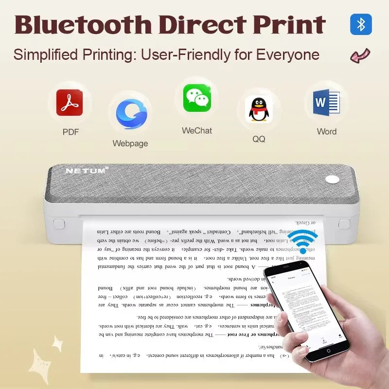 Imprimante thermique rechargeable portable sans encre A4 Bluetooth pour voyages d'affaires 203 DPI