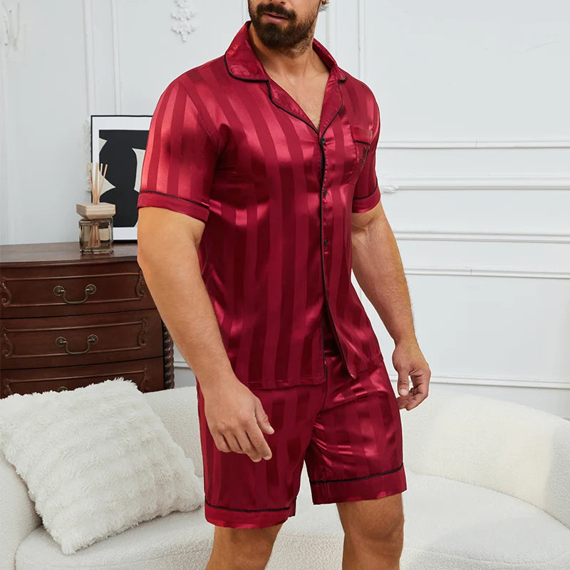 Herren-Pyjama-Set mit Karodruck, Kurzarm-Revers-Oberteil und elastische Shorts, bequem, perfekt für Sommer-Schlafanzüge und Loungewear
