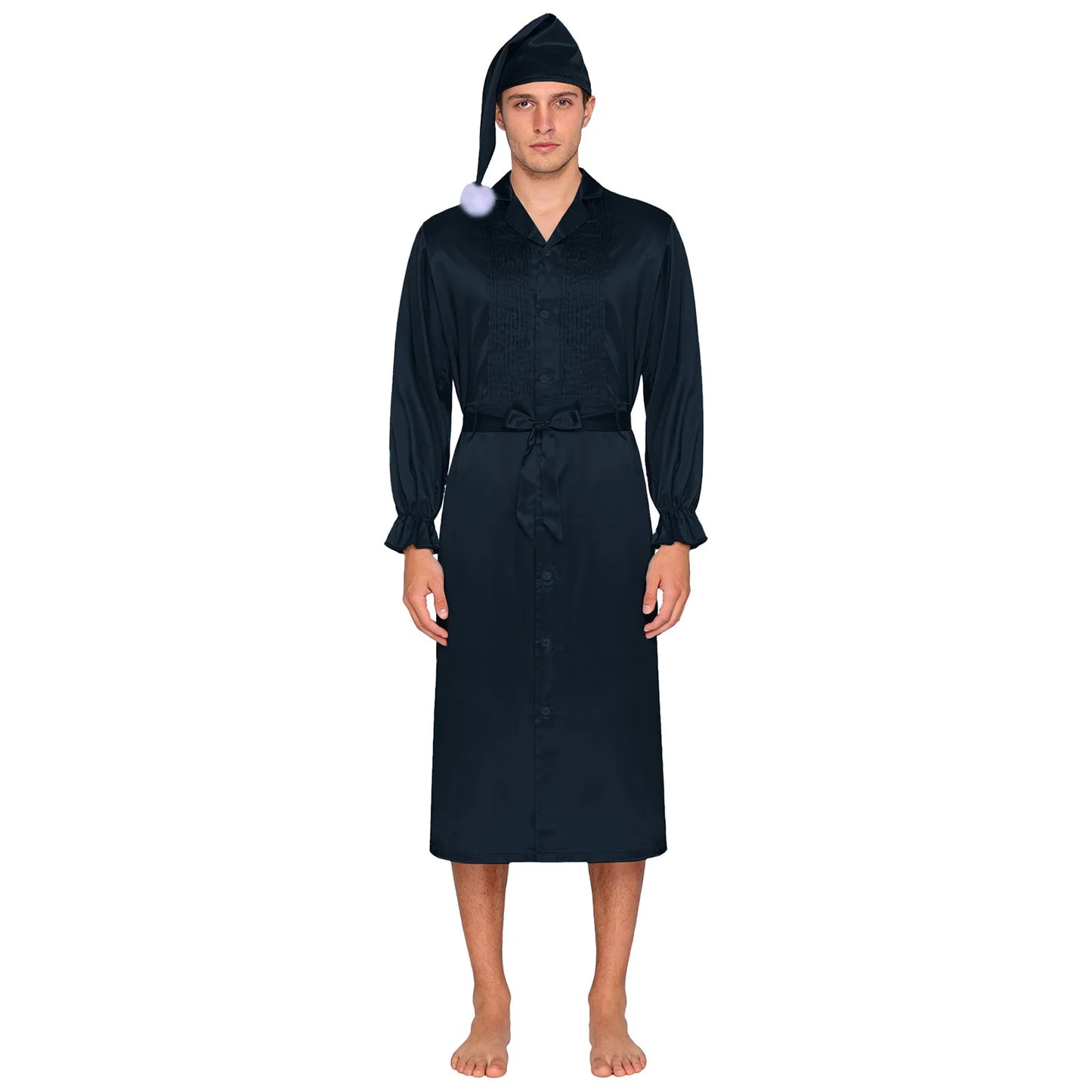 Herren Sissy Pyjama Satin-Nachtwäsche Nachthemd mit Schlafhaube Langarm Rüschenmanschetten Plissierter Brustumhang mit Gürtel Vintage