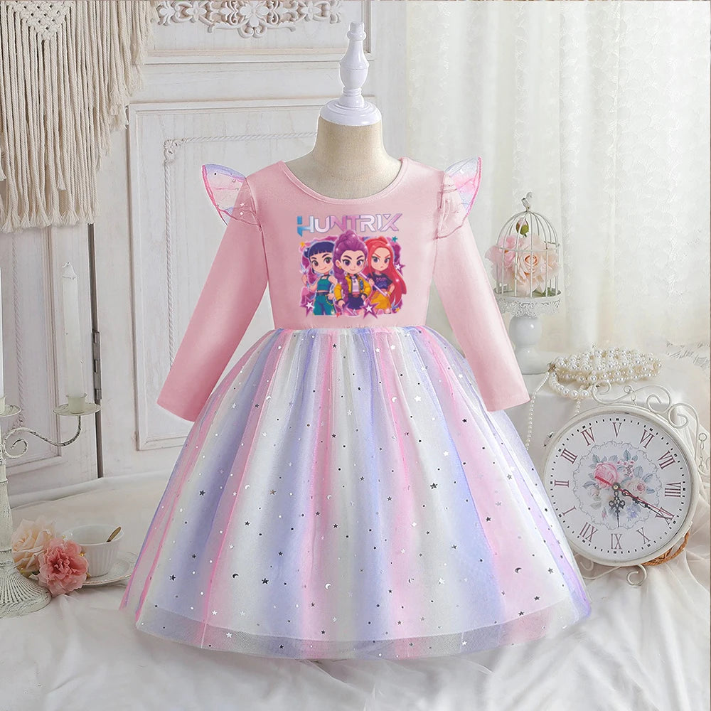 Kpop Demon Hunters Vêtements Enfants Robe de Princesse Manches Longues Printemps Robe Bébé Filles pour Fête d'Anniversaire Arc-en-ciel 2-8 Ans