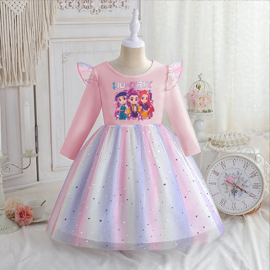 Kpop Dämonenjäger Kinderkleidung Frühling Langärmeliges Prinzessinnenkleid Baby Mädchenkleid Für Kindergeburtstagsfeier Regenbogen 2-8 Jahre