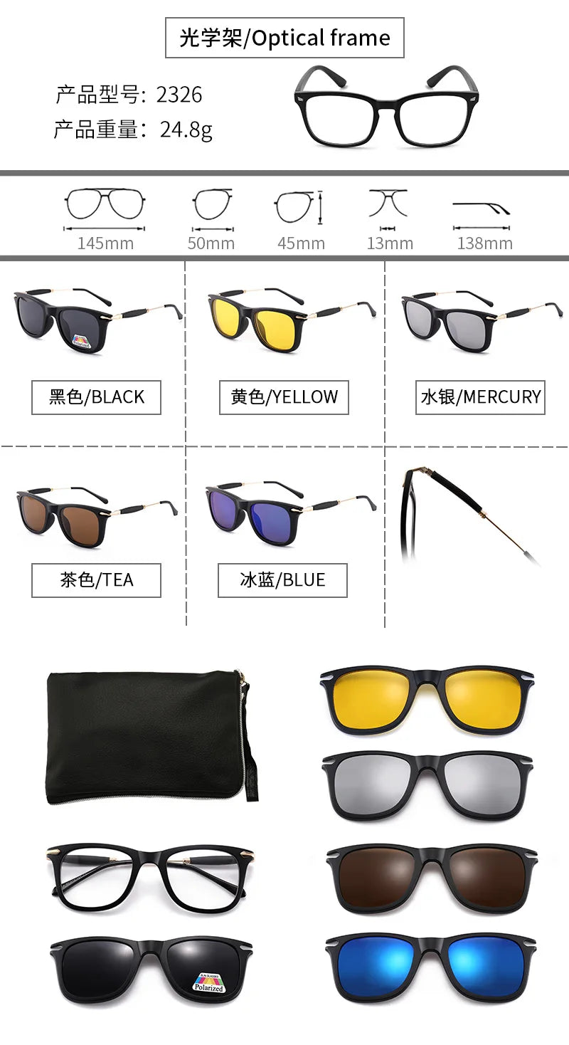 6 In 1 Polarized Sunglasses Men Women Magnetic Clip On Glasses TR90 Optical Prescription Eyeglass Frames Magnet Clips