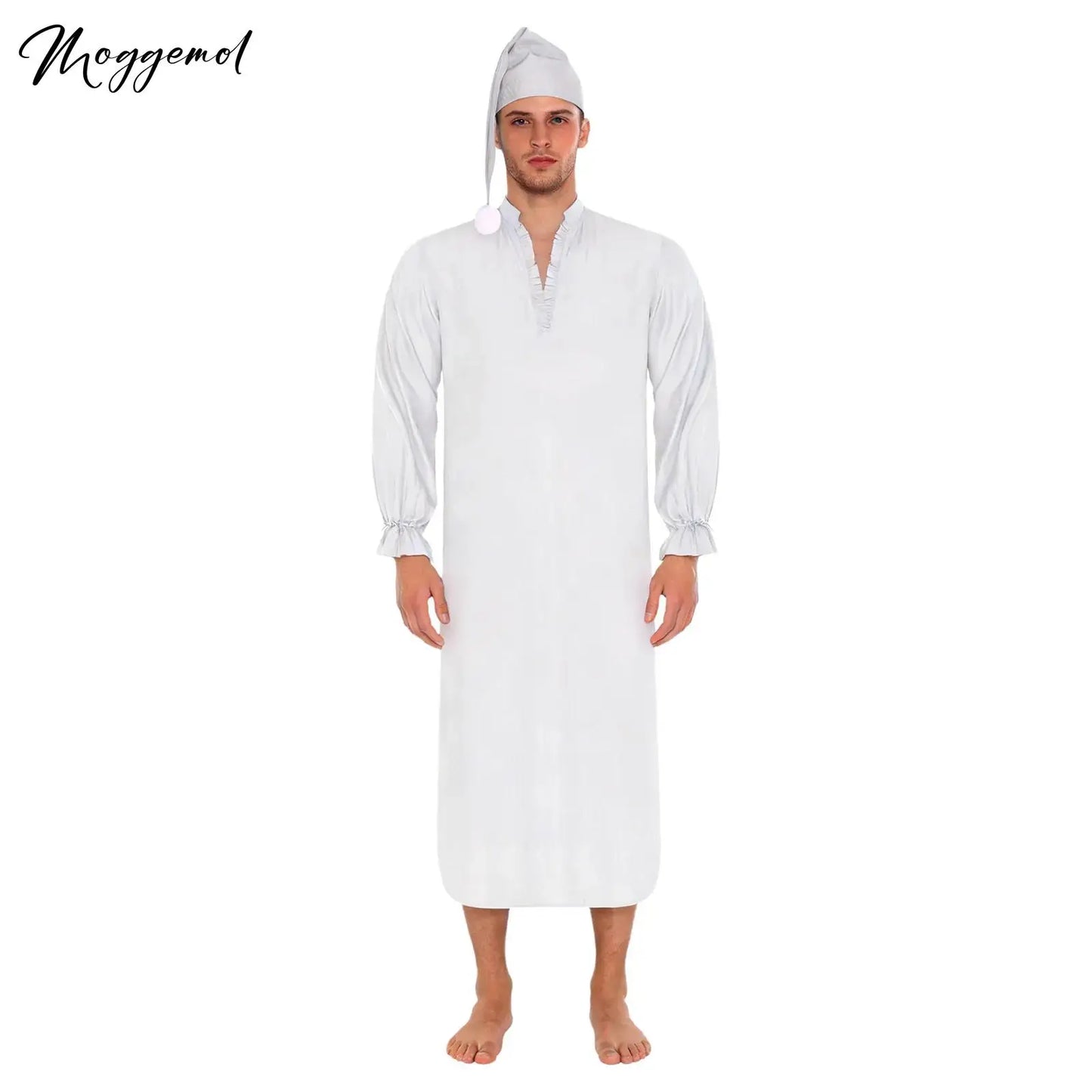 Herren Vintage Nachthemd Schlafanzug mit Schlafmütze V-Ausschnitt Rüschenbesatz Langarm mit Kordelzugbündchen Lockeres Schlafkleid