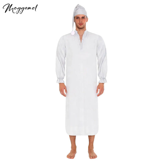 Herren Vintage Nachthemd Schlafanzug mit Schlafmütze V-Ausschnitt Rüschenbesatz Langarm mit Kordelzugbündchen Lockeres Schlafkleid