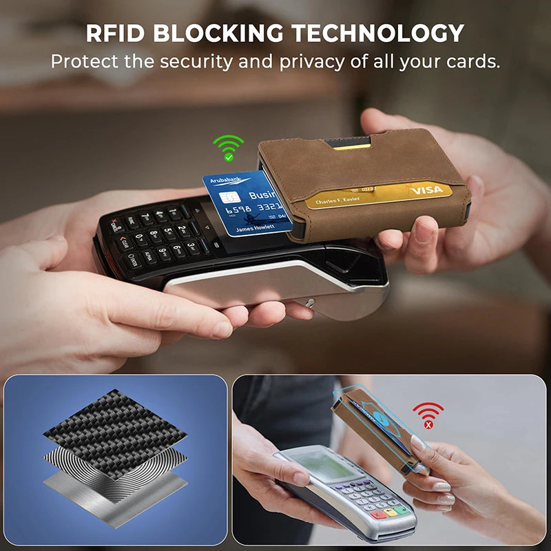 Aluminium Pop-Up-Kartenetui und Lederfächer Kreditkartenhalter RFID-blockierende Brieftasche für Herren mit Geschenkbox