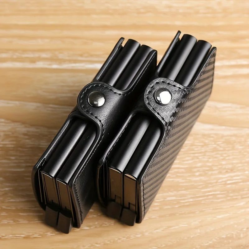 RFIDShieldPULather Automatic Pop-up Card Clamp,Double Aluminum Alloy Credit Card Wallet,With More than One Card Slots