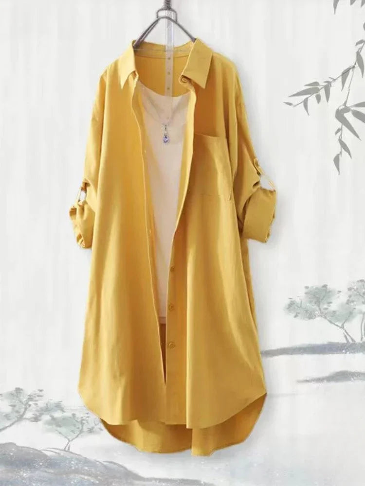 Chemisier ample grande taille respirant Chemise mi-longue coréenne décontractée Chemises d'automne Femme Chemises unies simples à manches longues