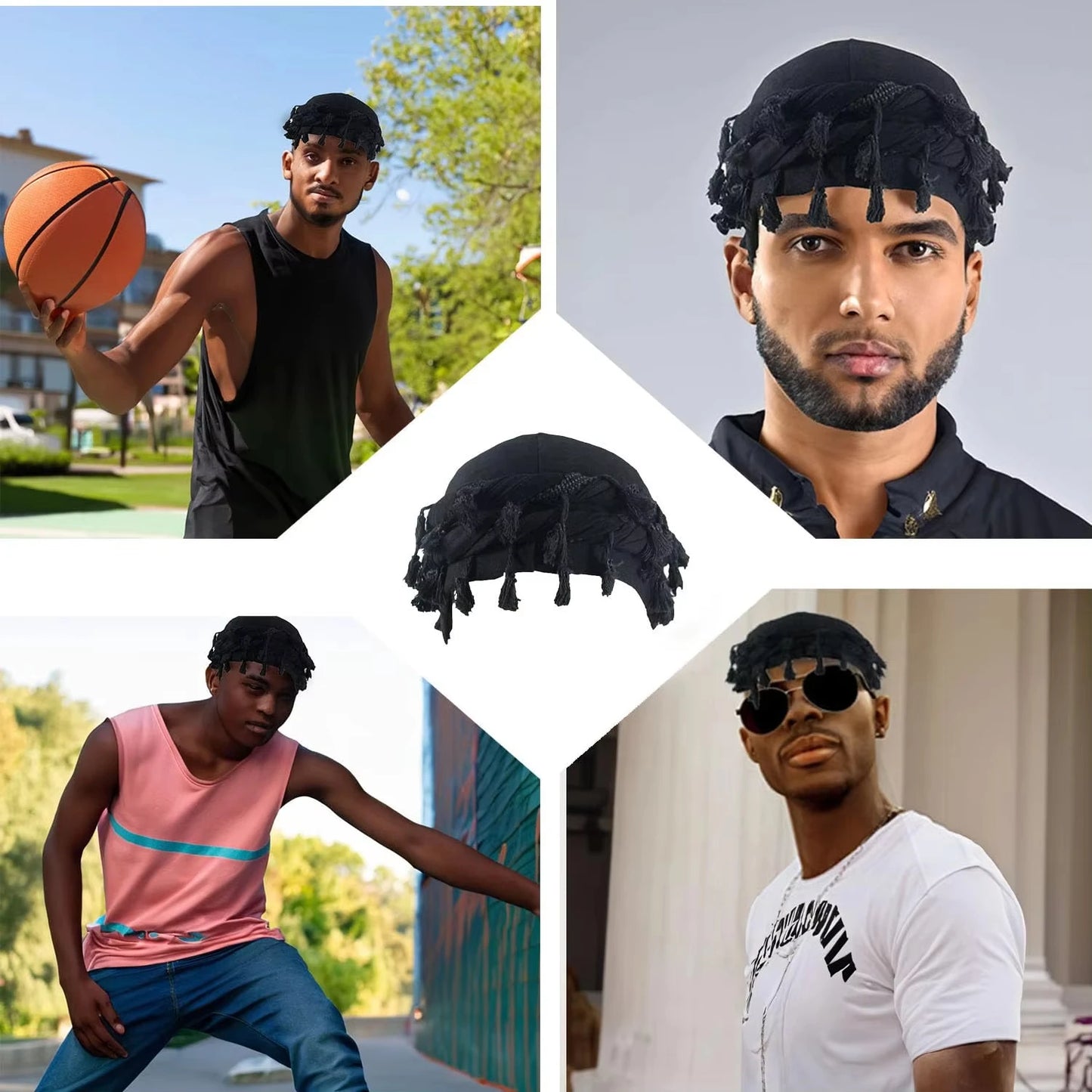 Foulards à enrouler style "Twist" (turban) Durag avec pompon pour hommes - Noir, gris - Foulard turban à nouer - Accessoire cheveux pour garçons, collection 2026
