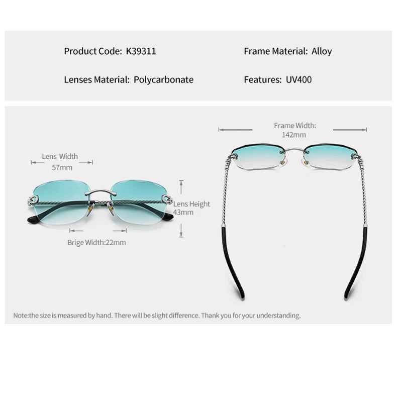 HBK Rahmenlose Metall Sonnenbrille Herren Wellenform geschnitten Sonnenbrille für Damen Reise Shopping Brille UV400 Sommer Stil