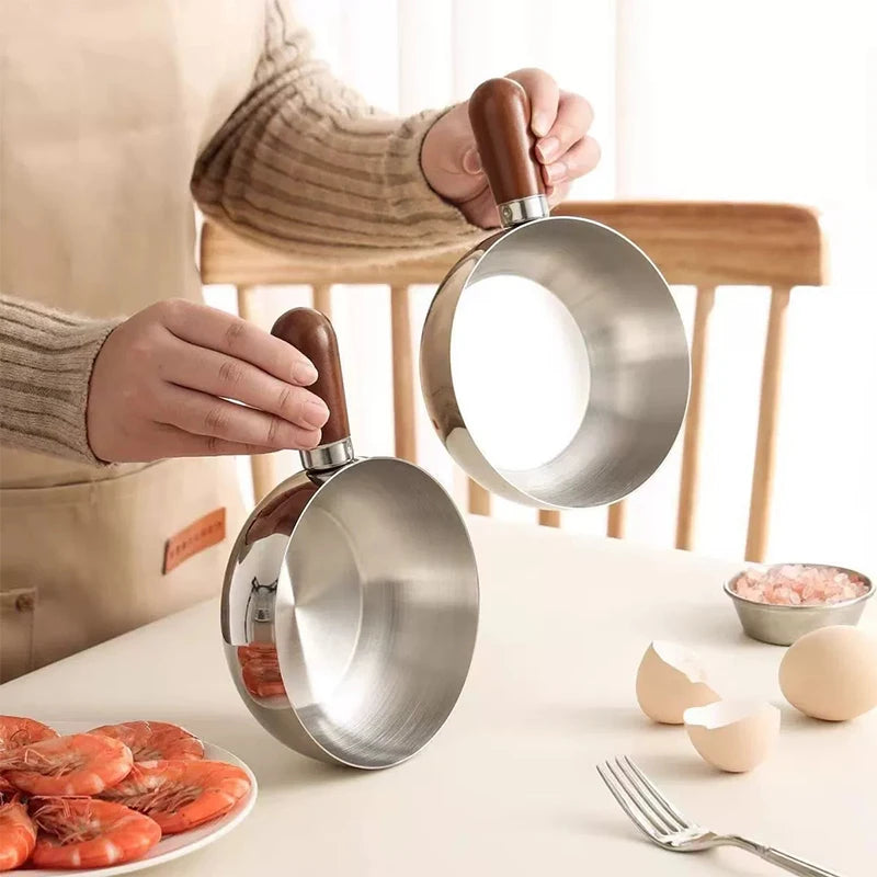 1 mini-casserole en acier inoxydable avec poignée en bois, compacte et multifonctionnelle pour chauffer le lait, frire les œufs, pour la maison et la cuisine