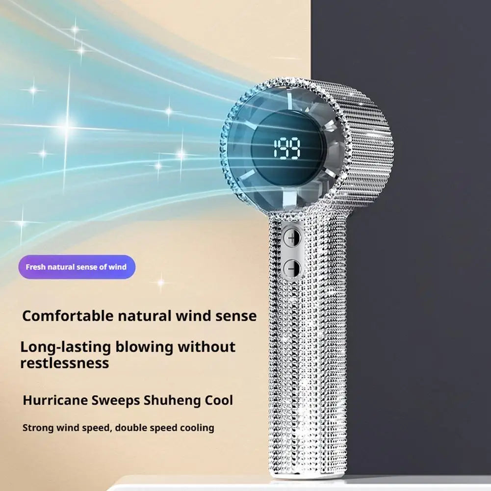 1 Stück Luxus Diamant Handheld Mini-Ventilator 199-Gang einstellbar Tragbarer Handheld Turbo-Ventilator Outdoor Digitalanzeige Elektrischer Ventilator