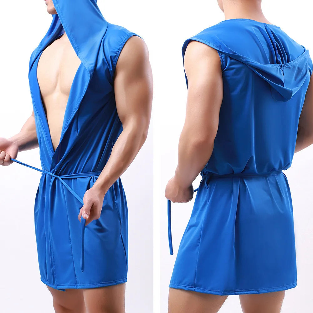 Sexy Nachtwäsche Herren Bademäntel Weich Seidig Ärmelloses Nachthemd Herren Homewear Morgenmantel Herren Pyjamas (Keine Shorts)