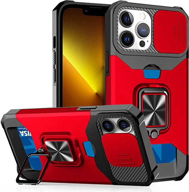 Hülle für iPhone 17 16 15 14 13 12 Pro Max Plus 8 7 Plus Mini Robuster Schutz mit Schiebe-Kameraabdeckung und Kartenclip-Abdeckung