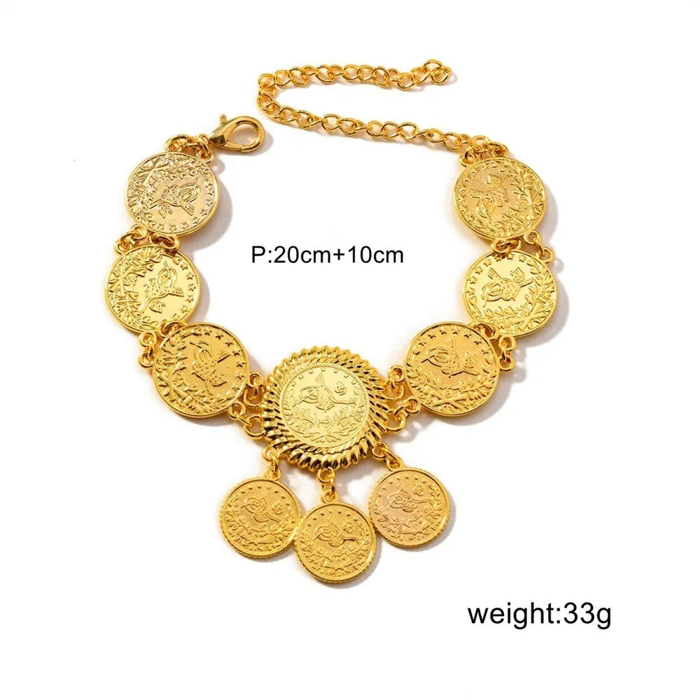 Trendiger Mode Fußkettchen Arabische Goldfarbe Legierung Münze Quaste Fußkette Beinarmbänder für Frauen Strandurlaub Accessoire