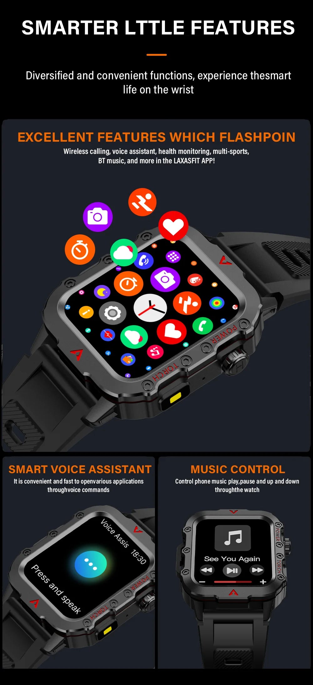LAXASFIT Nouvelle montre intelligente pour homme Lampe de poche LED Montre intelligente de sport en plein air Surveillance de la santé Montre intelligente