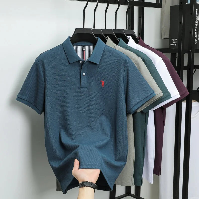 T-shirt polo d'affaires d'été décontracté ample brodé de marque de luxe haut de gamme en coton pur à 100 % pour homme à manches courtes respirant