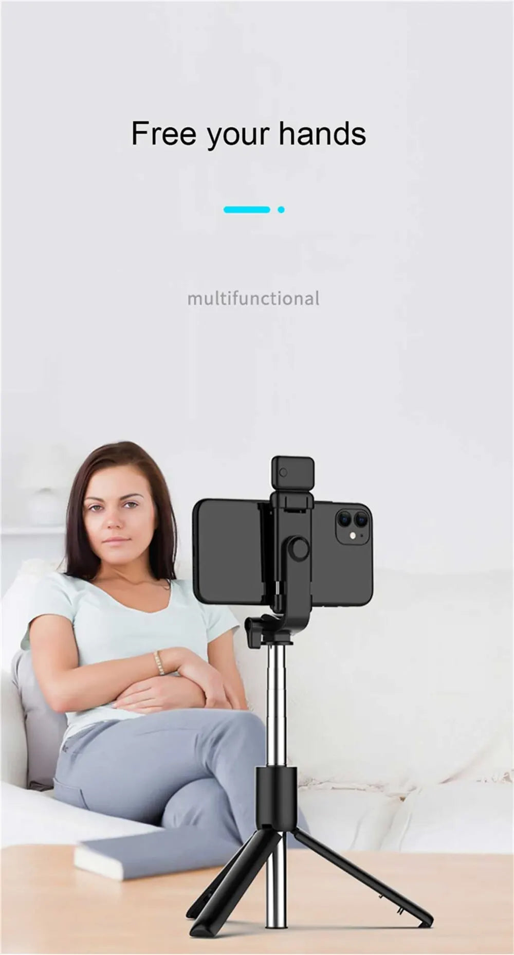 Trépied perche à selfie pour téléphone portable avec télécommande Bluetooth et anneau lumineux pour téléphone