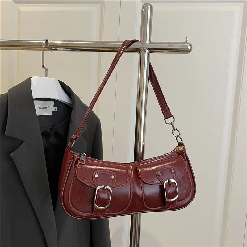 Fashion PU-Leder Damen Umhängetasche Kleine Doppel-Taschen Design Damen Achseltaschen Y2k Vintage Weibliche Handtaschen Clutch Geldbörse
