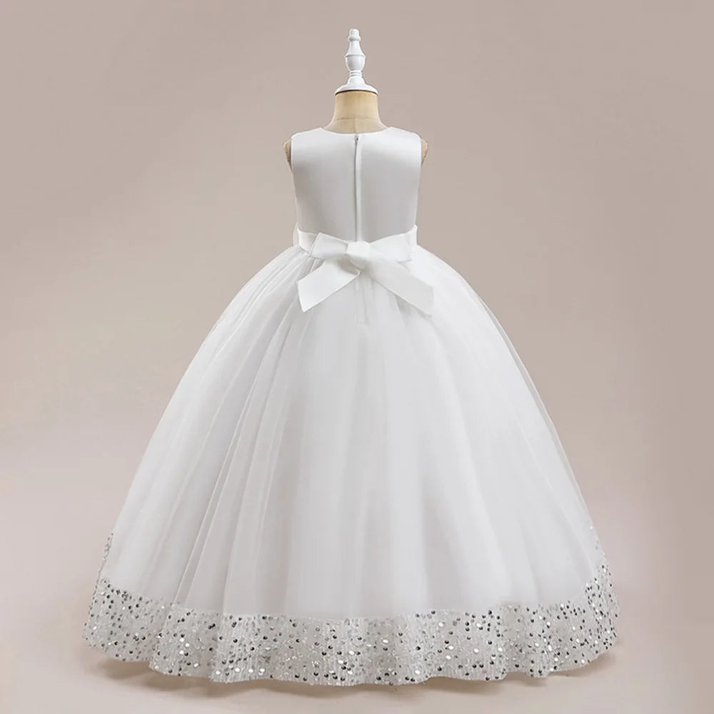 Fluffy Pailletten Brautjungfern Prinzessin Mädchenkleid Elegante Schleife Rosa Hochzeit Abschlussball Abend Kinder Partykleider für Mädchen Geburtstagskostüme